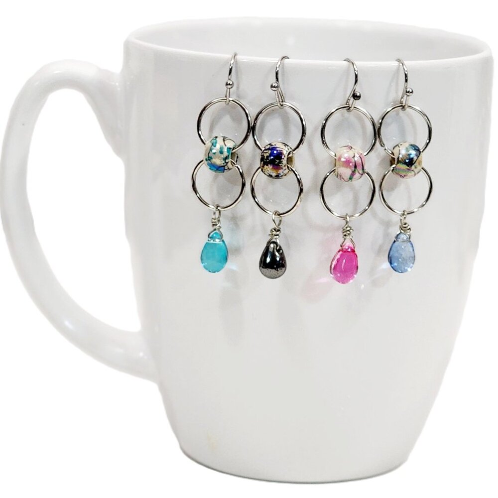 Double Silver Circle Drury Bead Crystal Drop Handwired Earrings Lightweight